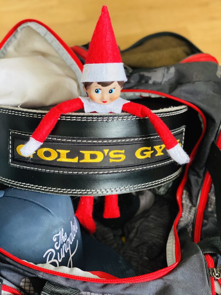 Elf on the Shelf - hiding in a gym bag!