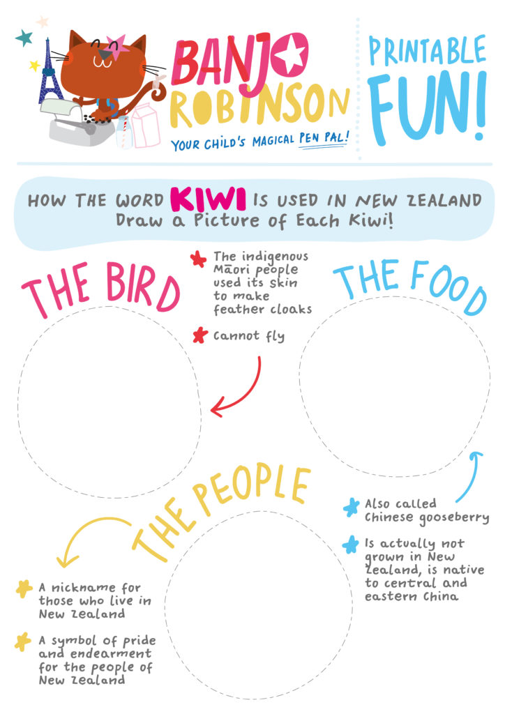 Banjo Robinson New Zealand themed 'kiwi' activity sheet.