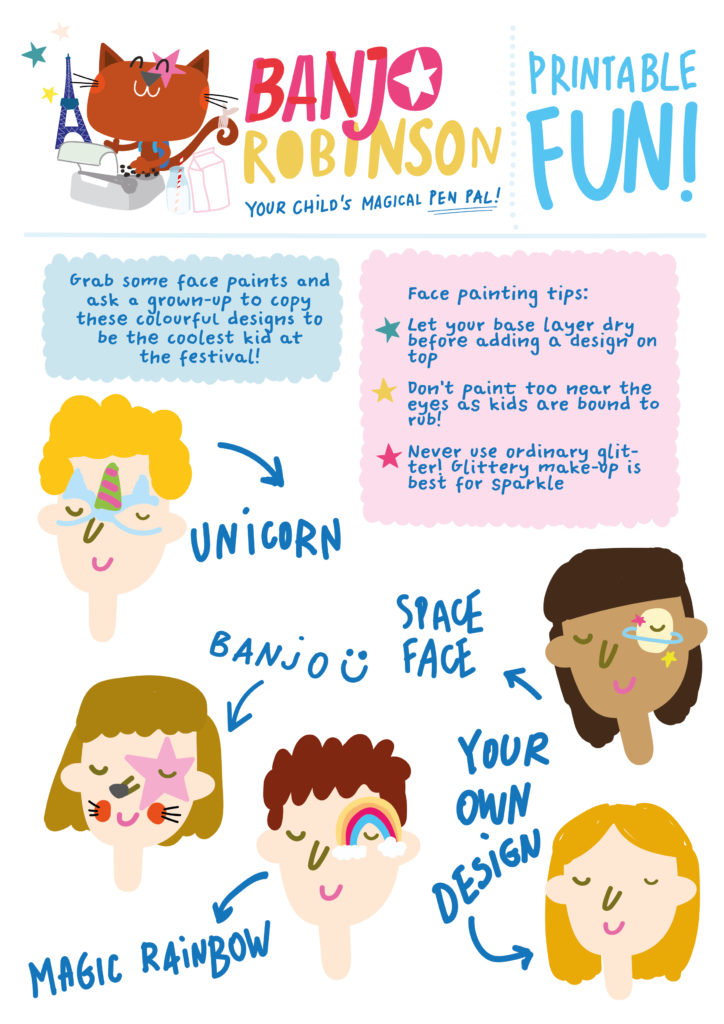 Banjo Robinson face painting printable with design ideas and face painting tips.