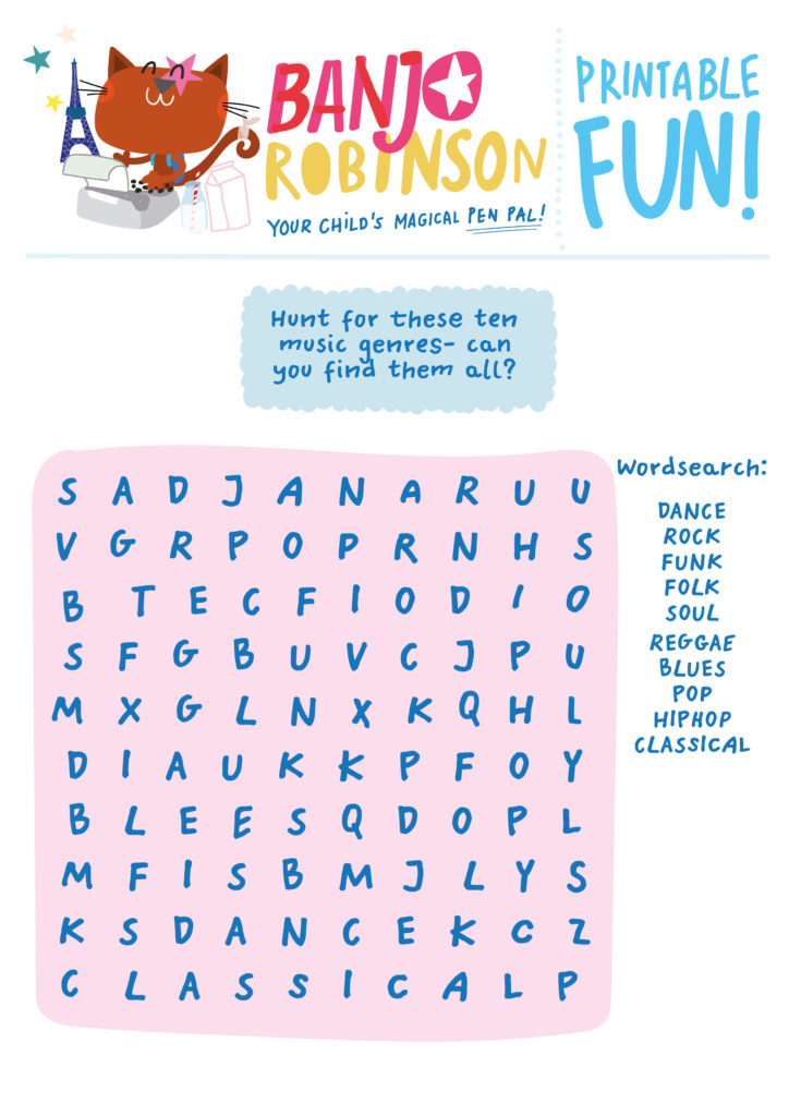 Banjo Robinson music themed word search.