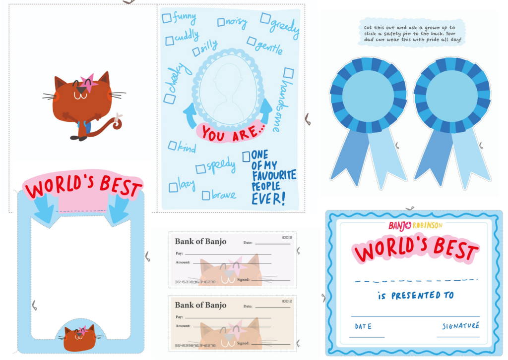 Blank printable activities including badge, photo frame, card, love cheques and certificate to give to a loved one.