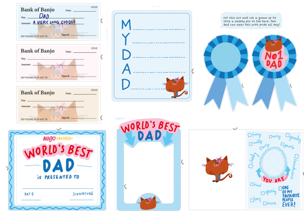 Printable father's day activities including badge, photo frame, card, love cheques, certificate and poem.